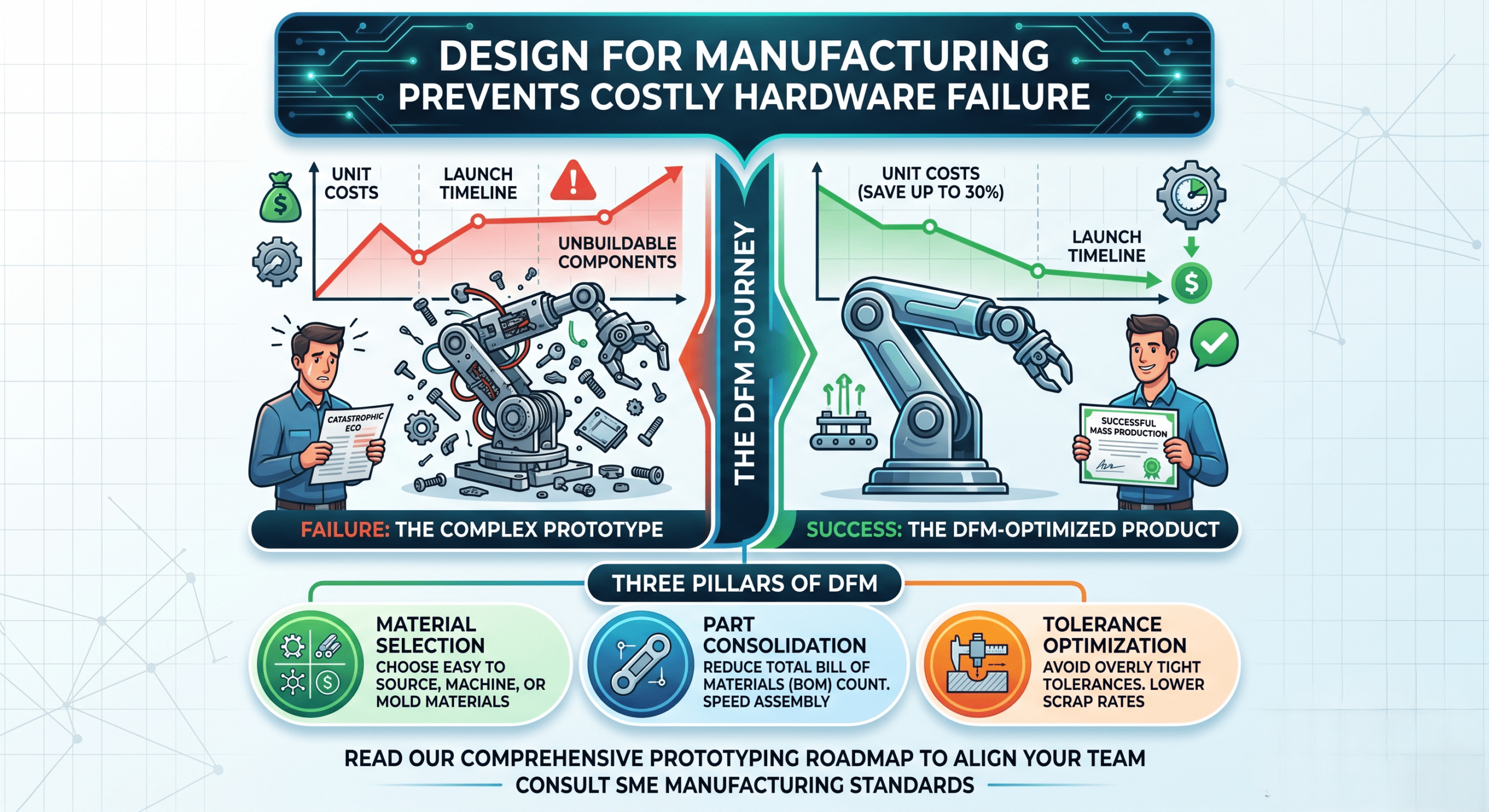 Design for Manufacturing diagram illustrating the contrast between unbuildable components and successful mass production.